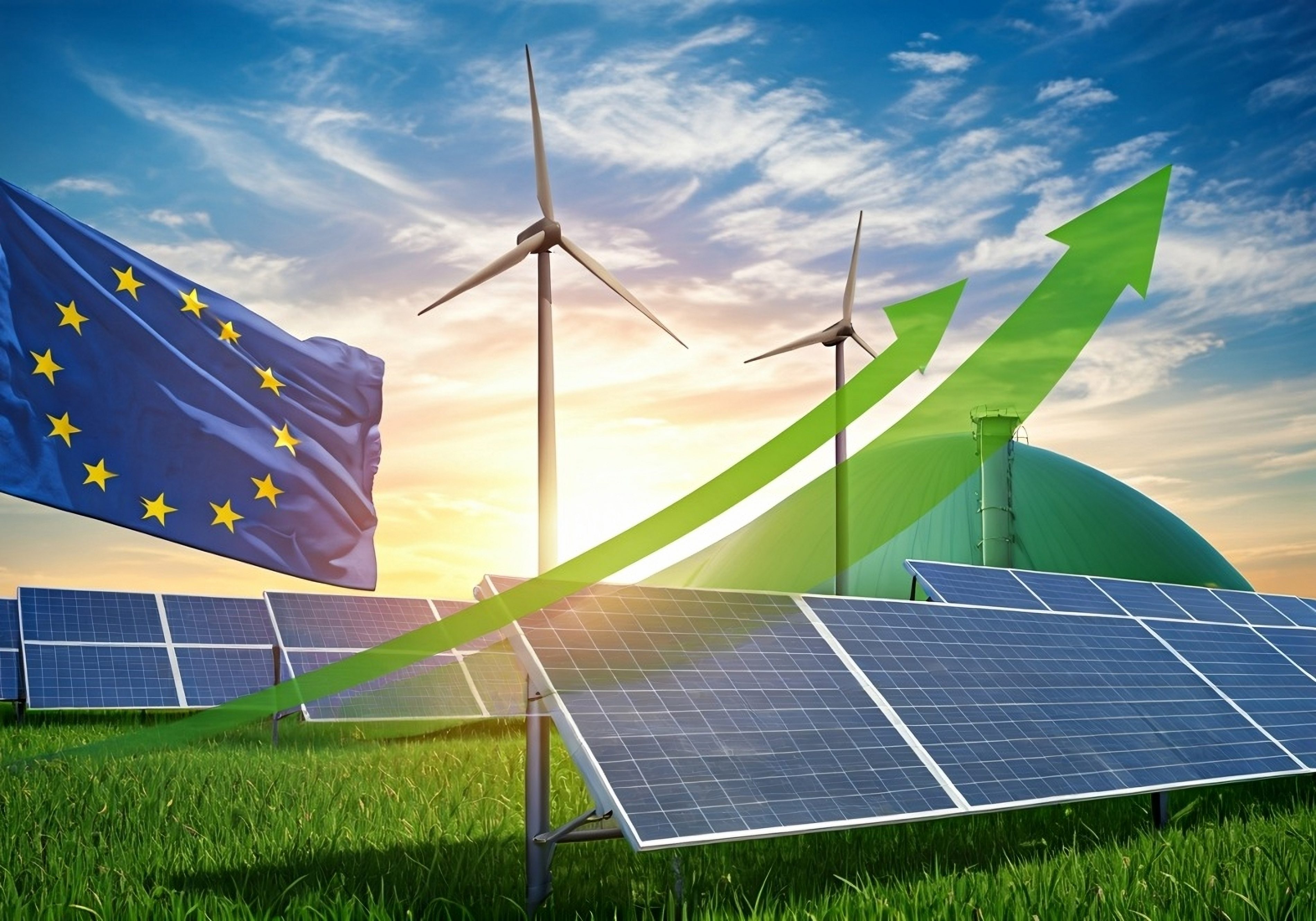 Two wind turbines, a photovoltaic system, and a biogas plant are shown in conjunction with an EU flag. Green arrows symbolize the growth of renewable energies.