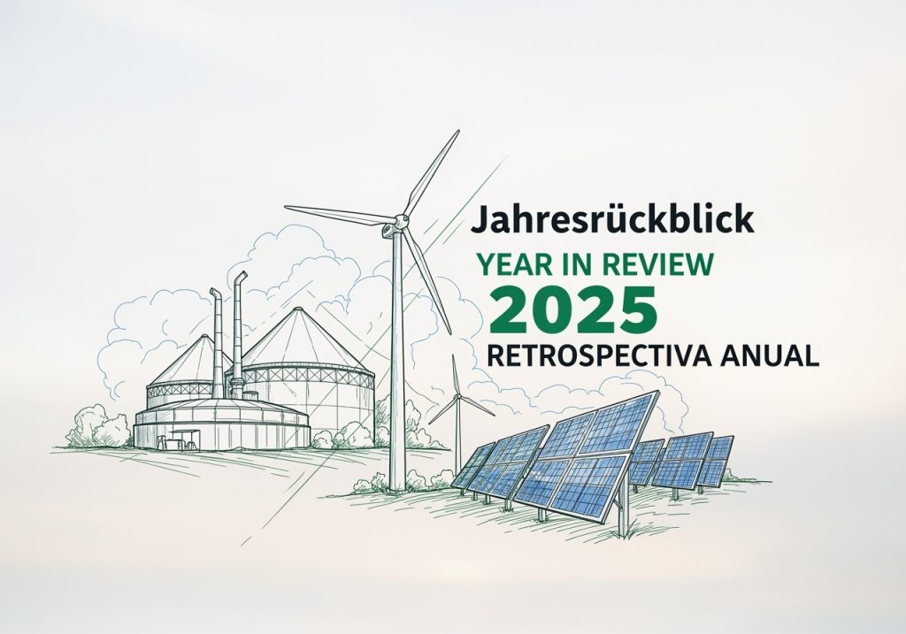 Industrial scetch wit a biogas plant, wird turbine, pv-plant showing the Jahresrückblick